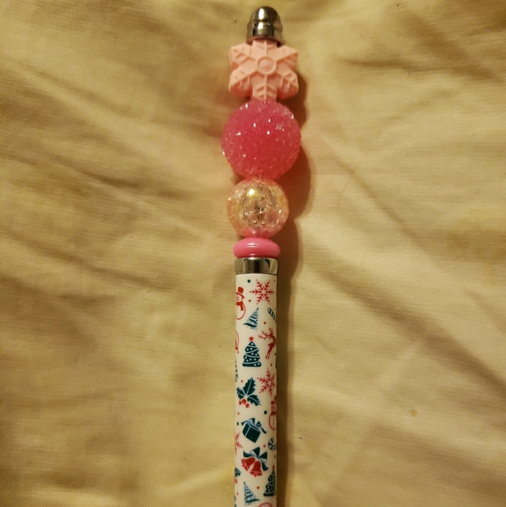 New Handmade Christmas Pink Snowflake Focal Bead Beaded Pen